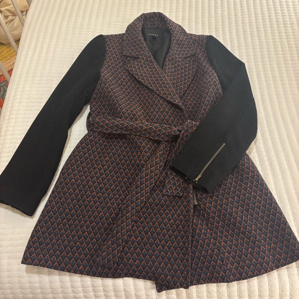 Patterned Trench Coat with Black Sleeves